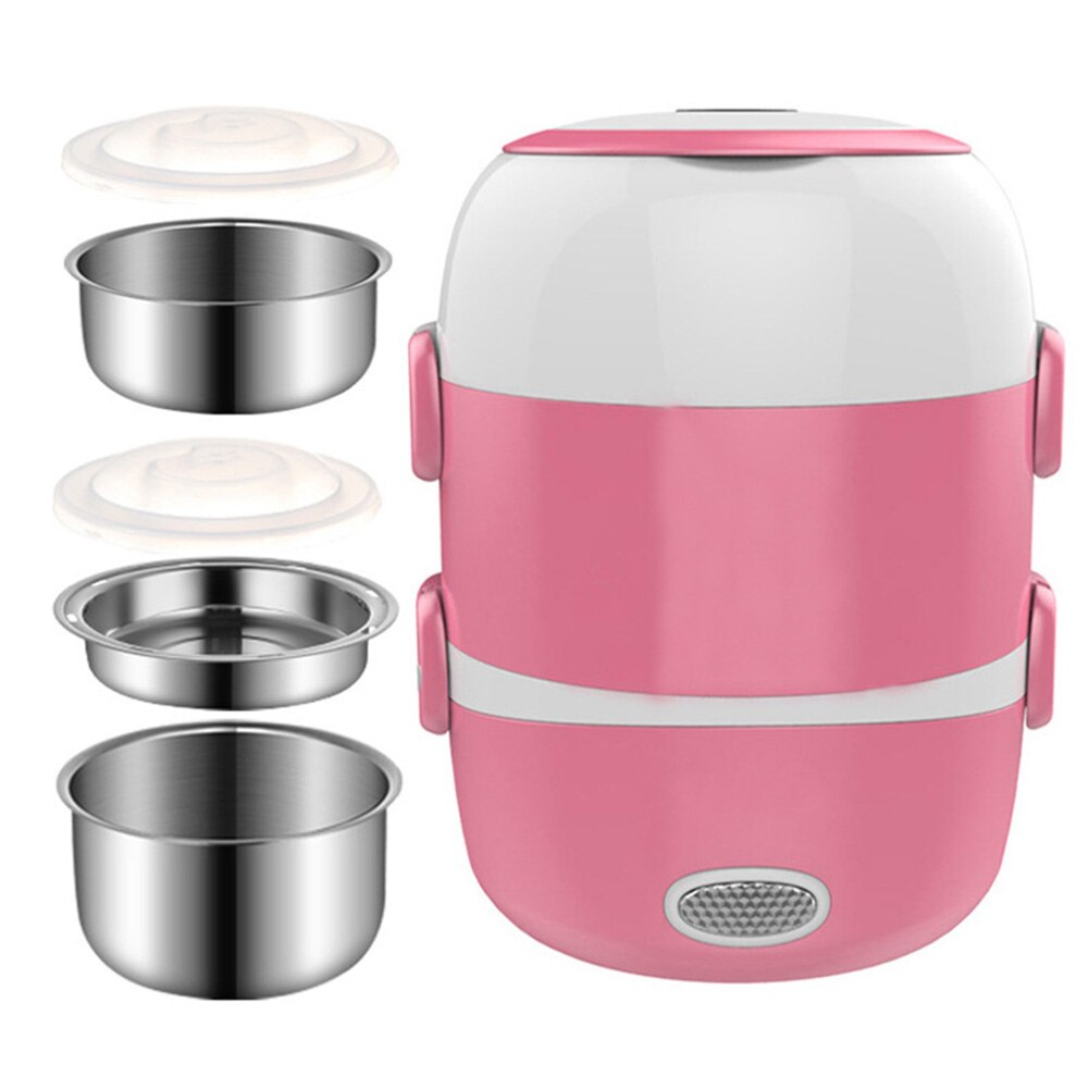 Mini Electric Rice Cooker Stainless Steel 2/3 Layers Steamer Portable Meal Thermal Heating Lunch Box Food Container Warmer: Pink / 3 Layers