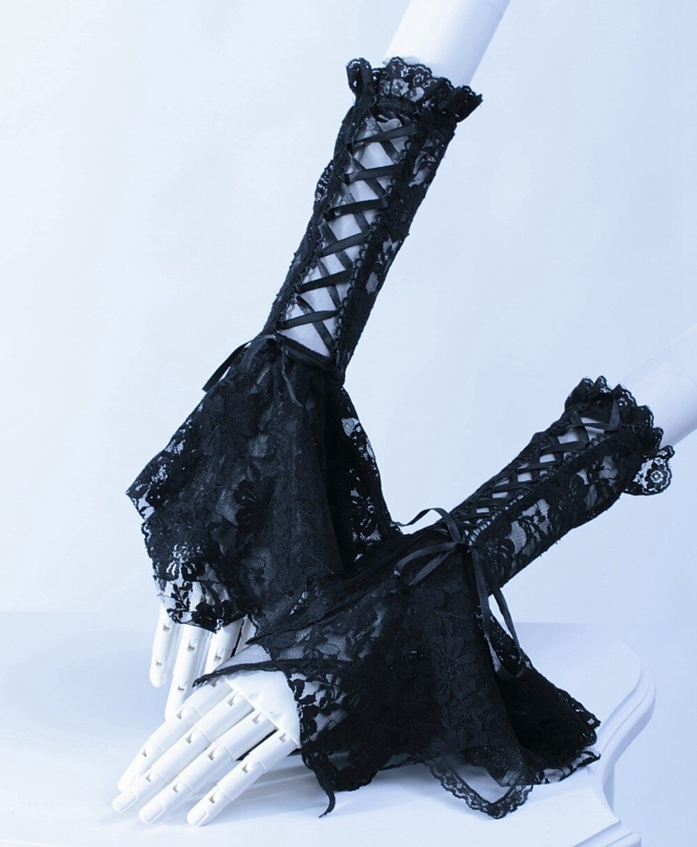 Guantes victorianos de manga de volantes para mujer, manoplas de encaje negro, ropa de mano, muñequera