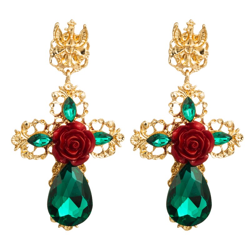 Za gothic statement oorbel voor vrouwen rood groen grote rozenbloem gouden kruis etnische feest oorbel