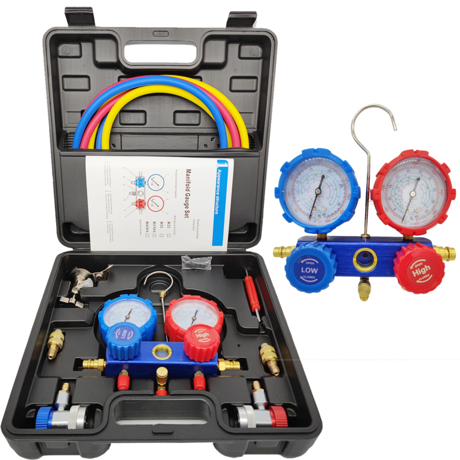 Kit de manómetro de presión de aire acondicionado para coche, conjunto de manómetro de refrigerante R22, R-410A, R-134a, R-404A, caja de almacenamiento,