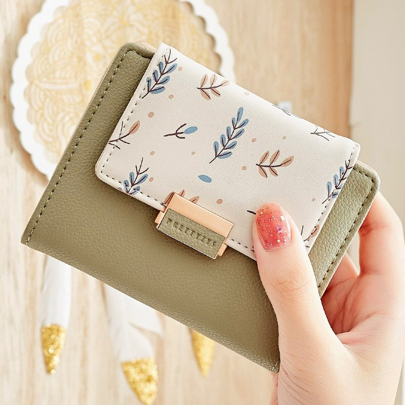 Brand Women Wallet Small Short Fold Purse Printing Contrast color Female Coin Purse Multifunction Coin Pocket: Green