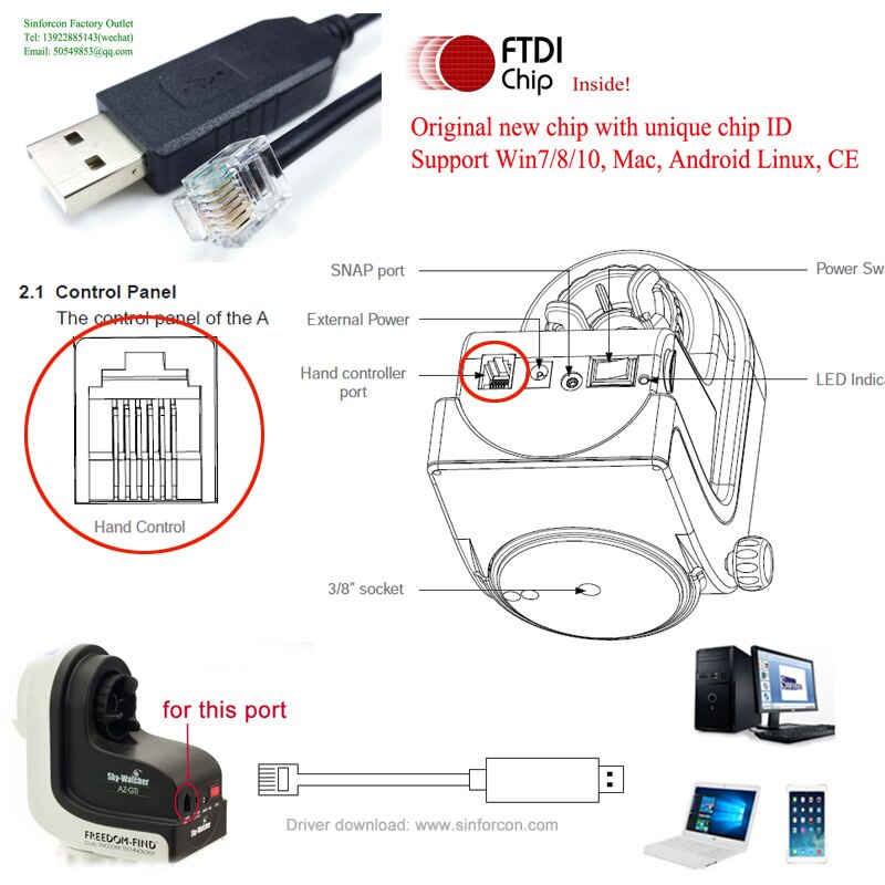 Azgti  eq5 eq6 skywatcher teleskop montering til pc eller asiair synscan eqmod kabel kontrol ledning hc udskift kabel: Rj11 azgti / 6ft(180cm)