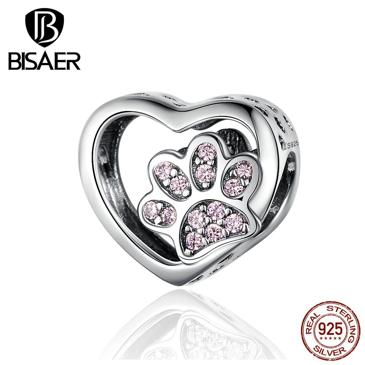 BISAER Dier Liefde Kralen 925 Sterling Zilver Hond Kat Voetafdrukken Charms fit Roze Zirkoon Armbanden DIY Sieraden Maken ECC1191