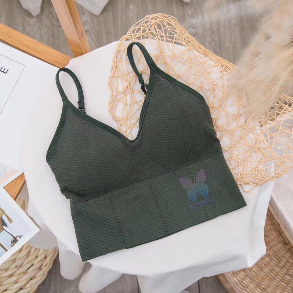 Women Tank Crop Top Seamless Underwear Crop Top Female U Back Short Tops Women Sexy Strap Silk Smooth Plunge Bralette: green