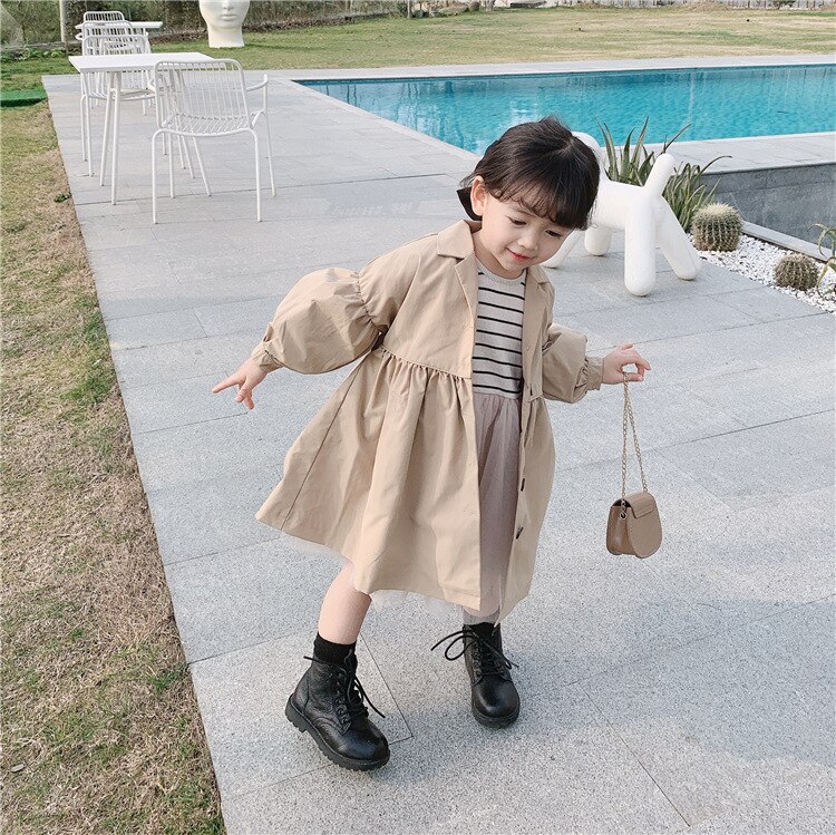 Trenchcoat voor kinderen, meisjesjas voor peuters, koreaanse lange jas met pofmouwen, herfstkleding voor meisjes, kleding voor kleine meisjes