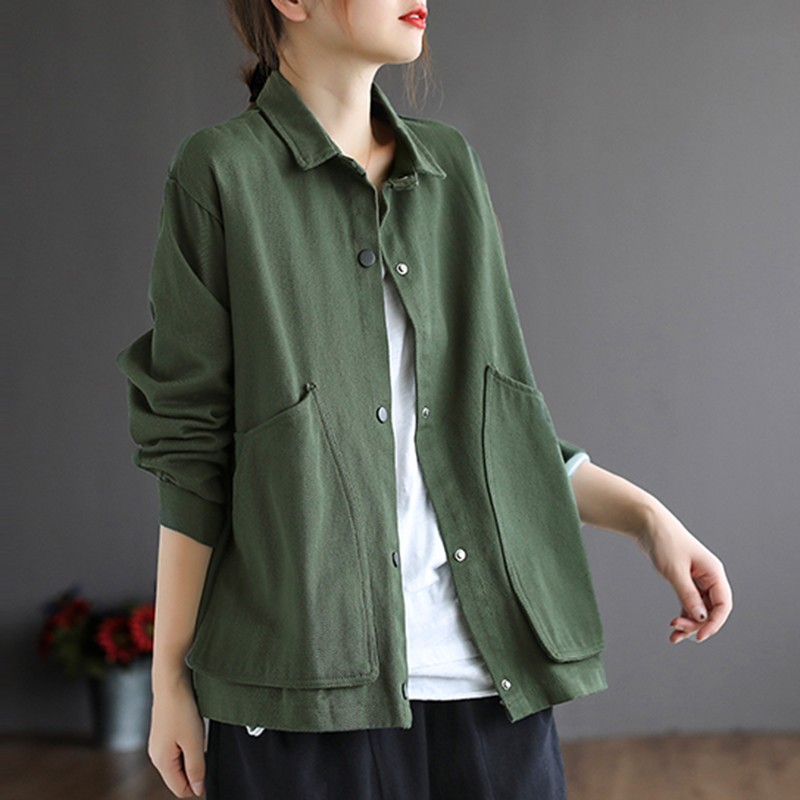 Vrouwen Lange Mouw Katoen Casual Jassen Herfst Vintage Stijl Turn-Down Kraag Losse Vrouwelijke Bovenkleding Jassen B1115