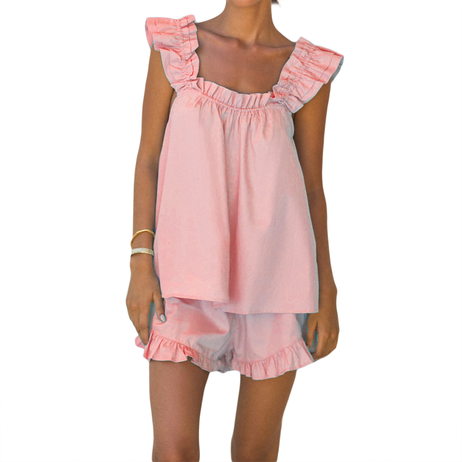 Damen Schlafanzug setzt Damen Sommer 2 Stück Schlafanzug setzt ärmellose rücken freie Schlinge Weste einfarbige Rüschen kurze Hose Streetwear y2k: M / Rosa