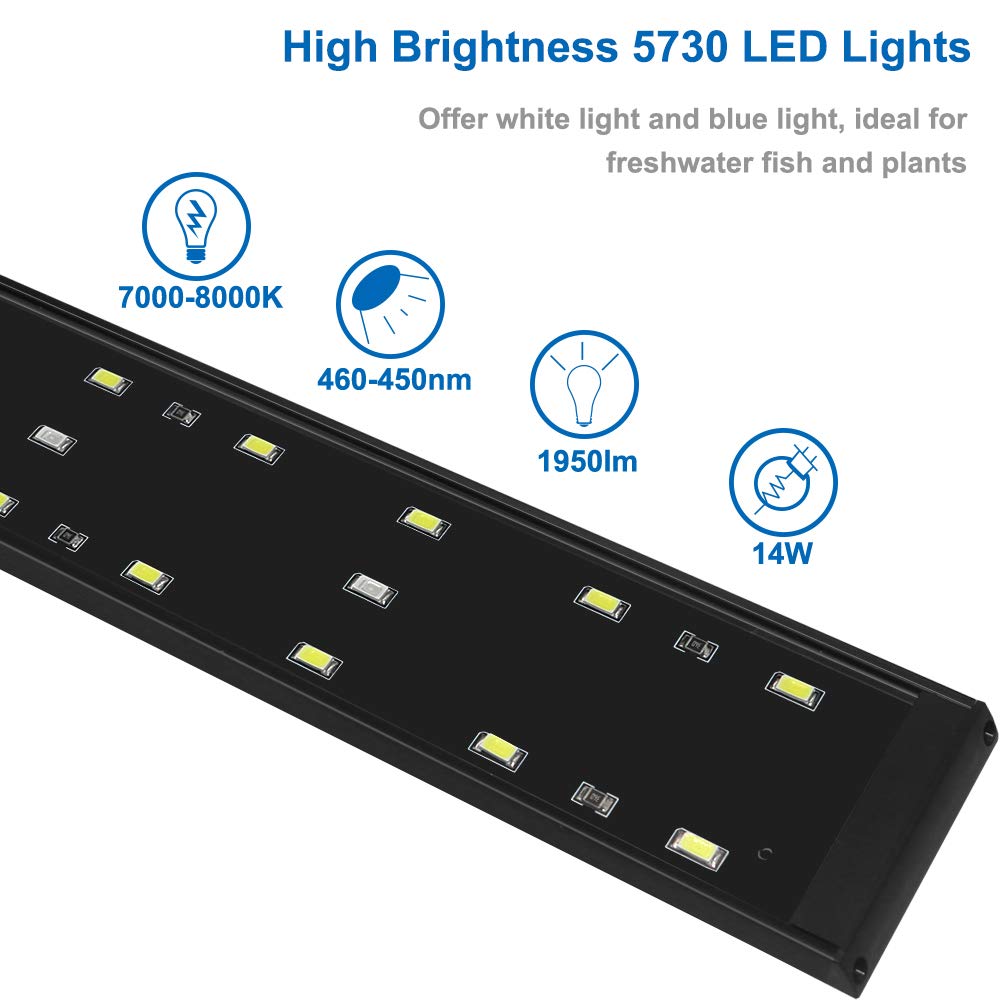 Super Bright LED Aquarium Light Double Bracket Blue and White Light Fish Tank Lamp Light with Extendable Bracket 36LEDs D30