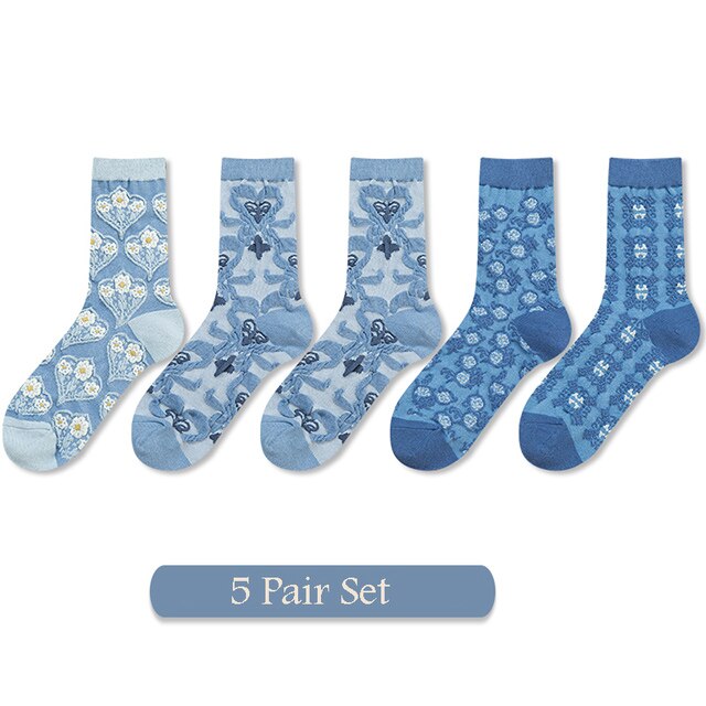5 Pairs Vrouwen Sokken Set Herfst Winter Bloemen Printing Katoen Harajuku Blauwe Accessoires Geometrie Hartvormige Femme Sokken Kawai: I