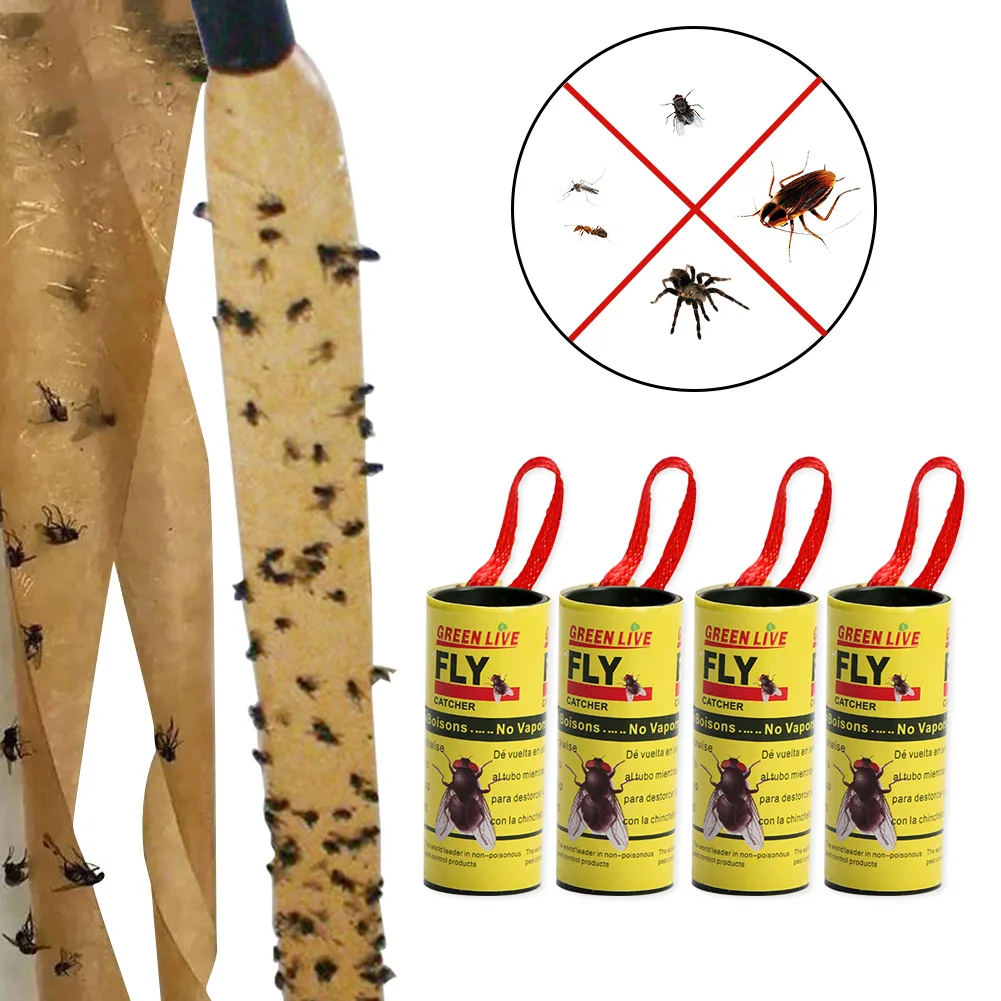 120–4 Rollen Fliegen-Klebepapier, stärker Klebestreifen für Fliegen, Papierstreifen, doppelseitiges fliegendes Insekten-Insekten-Mücken-Fänger-Rollenband