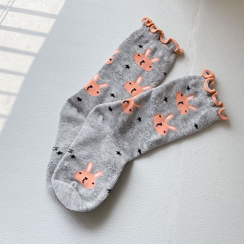 6 Paare/los freundlicher Mädchen Socken Baumwolle Niedliche Karikatur-Ebene Knie Hohe Socken für Jungen Kleinkind Boden Socken freundlicher Socken 1-8 jahre: grau Hase x6 / L (5-8Y)