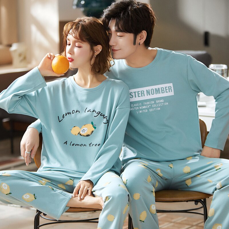 Größe M-3XL Frauen und Männer Schlafanzug Paar Pyjama einstellen Zitrone Nachtwäsche Baumwolle Herbst Langarm Homewear Salon Schlafanzug Femme