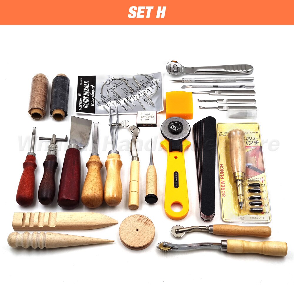 Leathercraft Tool Set Kits Pine Wood Hand Stitching Clamp Leather Punching Carving Saddle Groover Tools Storage Leathercraft DIY: SET H