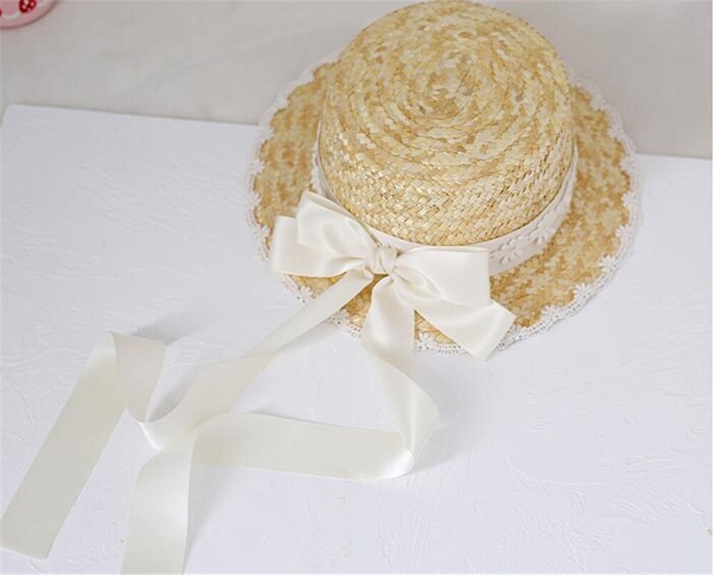 Mori Girl Cute Big Bow Lace Ribbon Lolita Straw Hat Sweet Princess Lolita Flat Cap Beach Cap B1527: 7