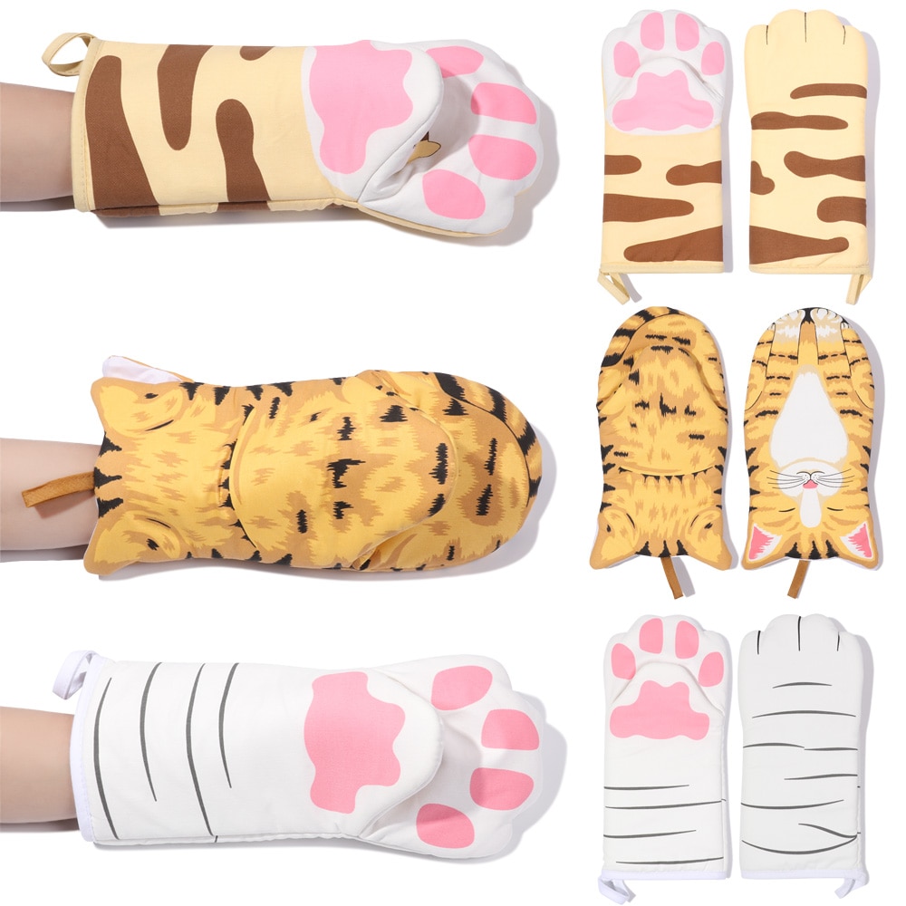 3D Cartoon Animal Cat Paws Oven Mitts Long Cotton Baking Insulation Gloves Microwave Heat Resistant Non-Slip Home Kitchen Gloves