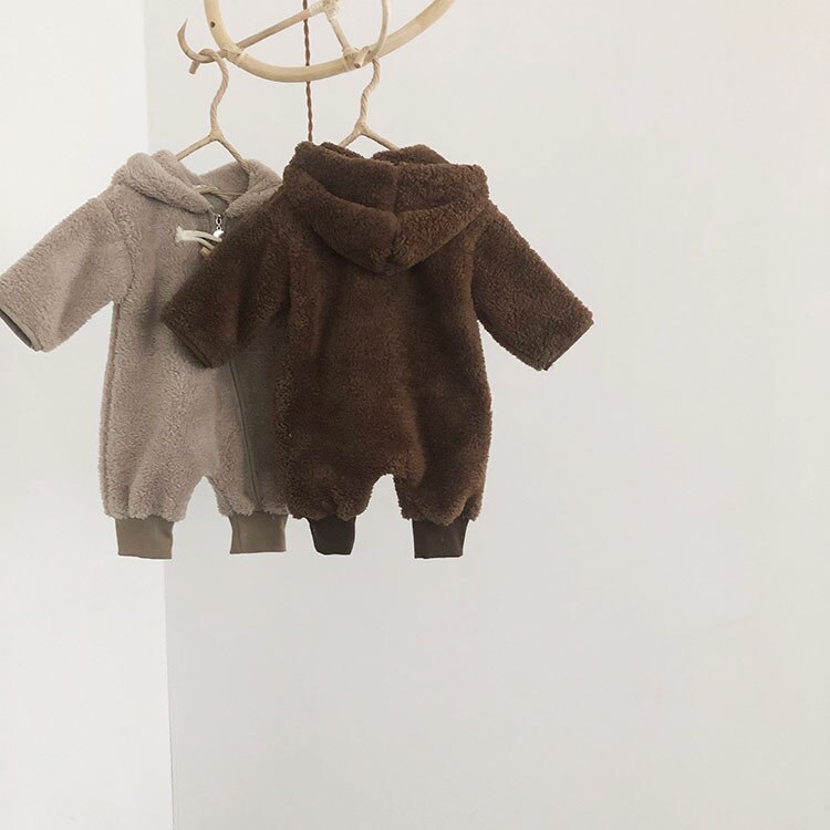 Autumn Winter Boys and Girls Regular Korean Style Cotton Kids Romper Warm, Hooded Collar, Long-Sleeved Zipper, Solid Color