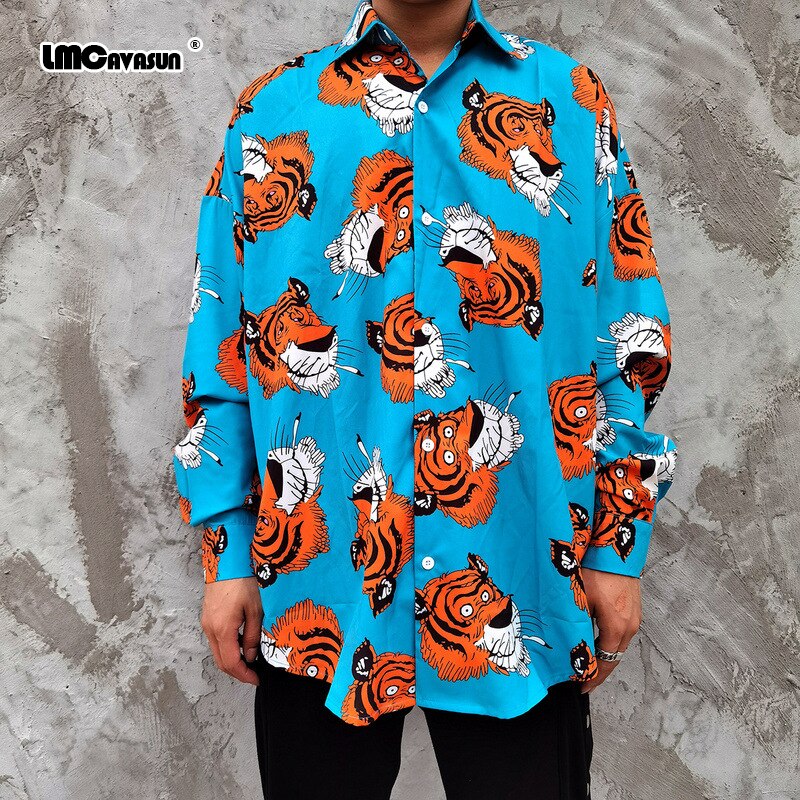 Lmcavasun lente en herfst harajuku stijl tijgerprint shirt met lange mouwen losse plus size hawaiiaanse shirts voor mannen en vrouwen
