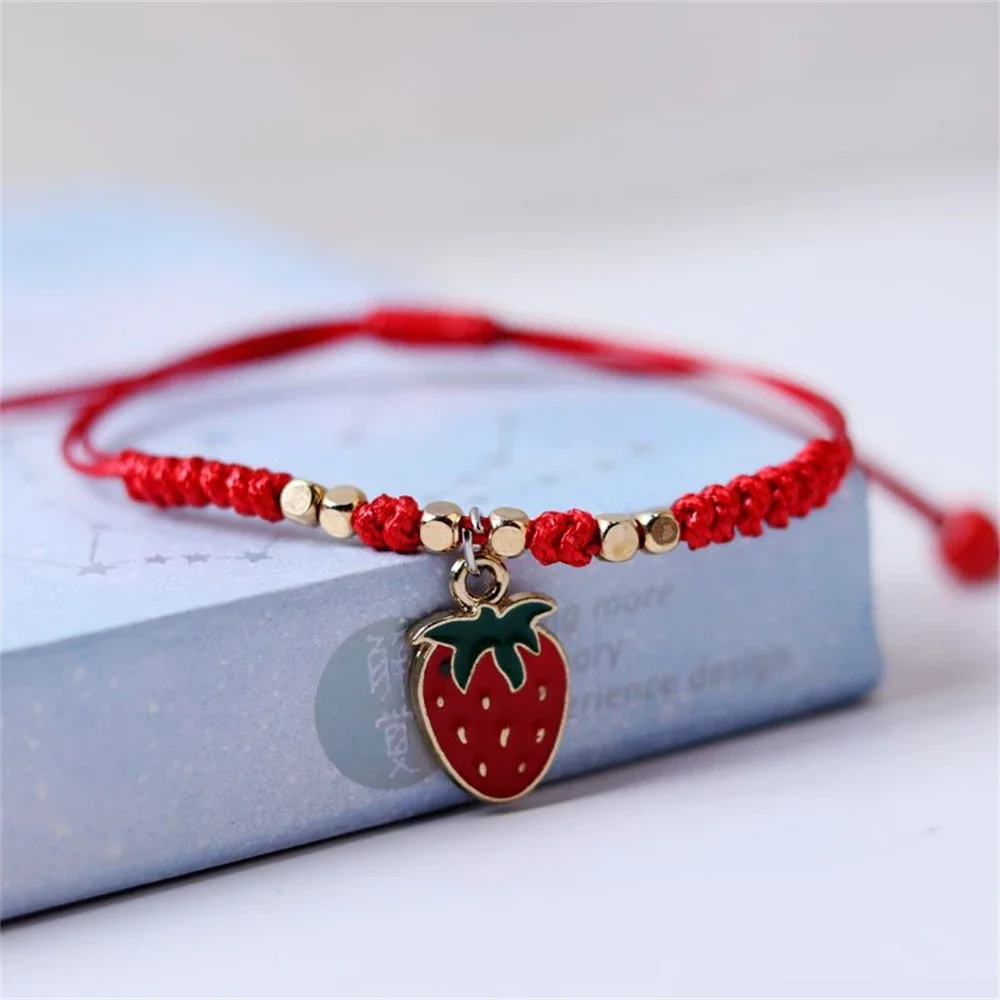 Dulce fresa cereza trenzada cuerda de mano DIY pulseras de cuerda roja ajustables para niñas accesorios de joyería: Estampado en caliente