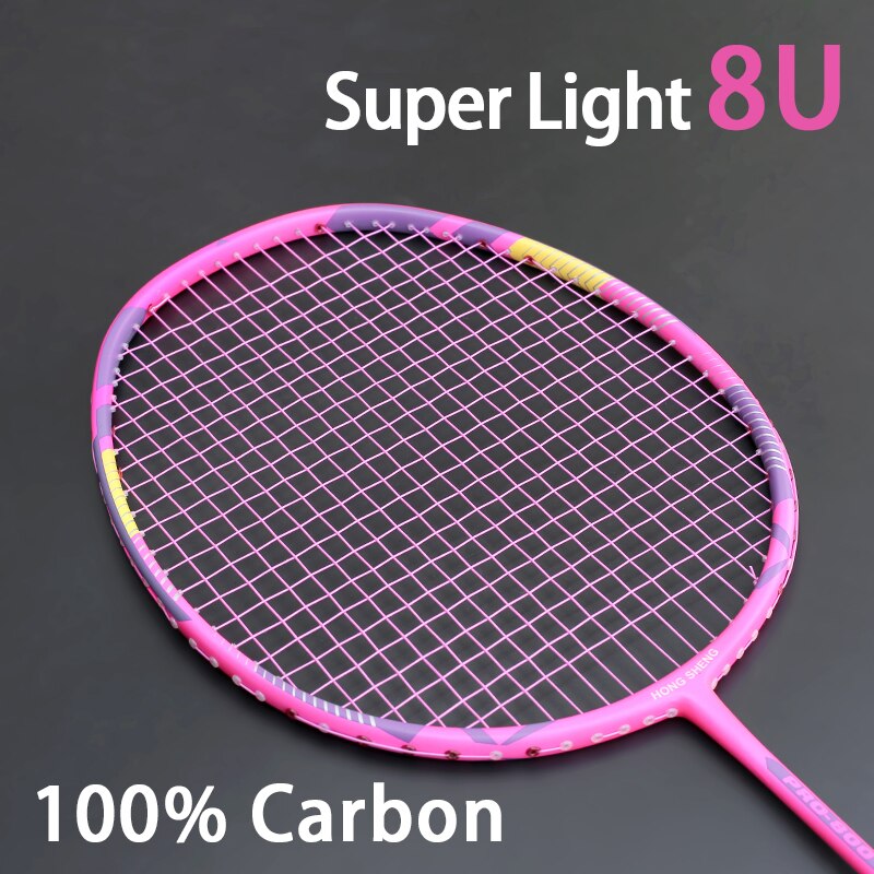 Volle Kohlenstoff Faser Licht Gewicht 8U 68G Badminton Schläger Aufgereiht 26-32LBS G5 Ausbildung Schläger Mit Saiten Taschen Für Erwachsene: Rosa