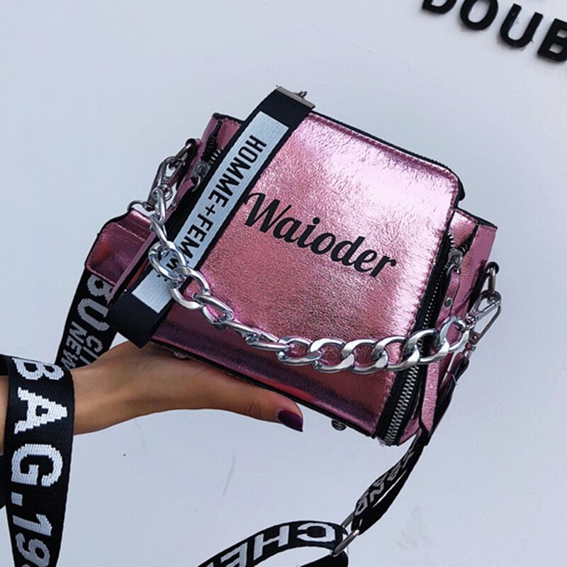 Women Chain PU Single Shoulder Bag Letter Printing Messenger Beach Bag: pink