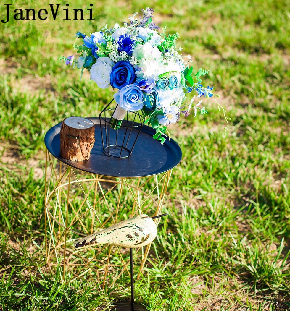 JaneVini Royal Blue Bride Bouquet Artificial Rose Wedding Flowers Bridal Bouquets Bridesmaid Photography Brooch Flores Boda