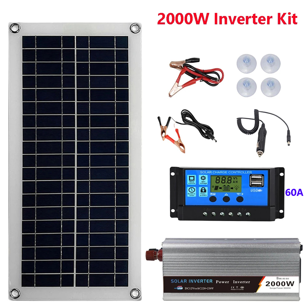 2000W Zonne-energiesysteem Zonnepaneel Kit 12V Zonnebatterij 10A-60A Controller Zonnepaneel Thuis Mobiele RV Auto caravan Thuis Campin