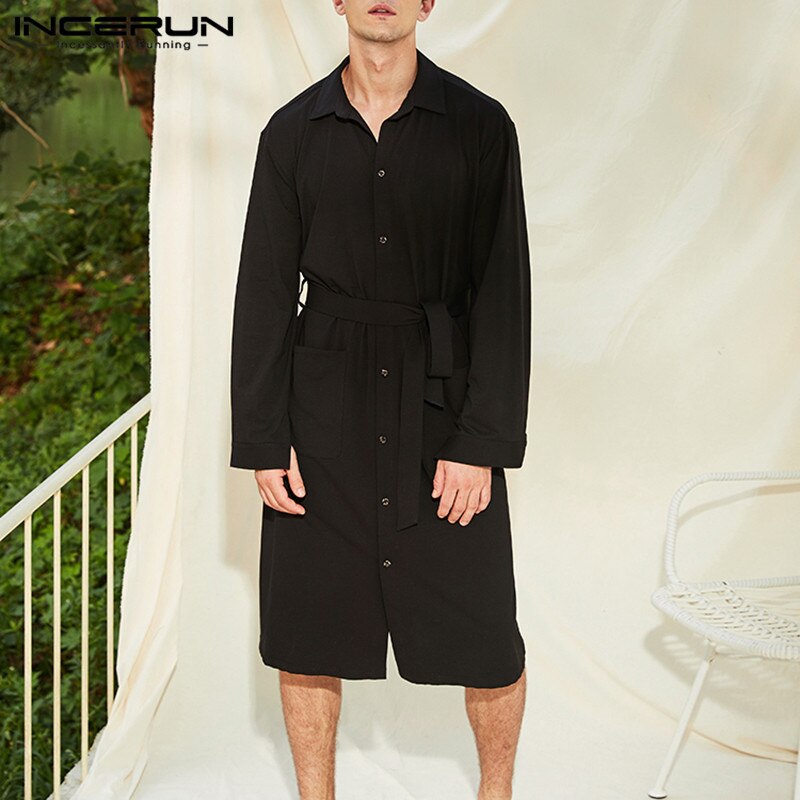 Incerun Mode Nachtkleding Gewaden Baggy Effen Kleur Slaap Gewaad Leisure Knoppen Badjassen Mannen Lange Mouwen Revers Shirts Homewear 5XL