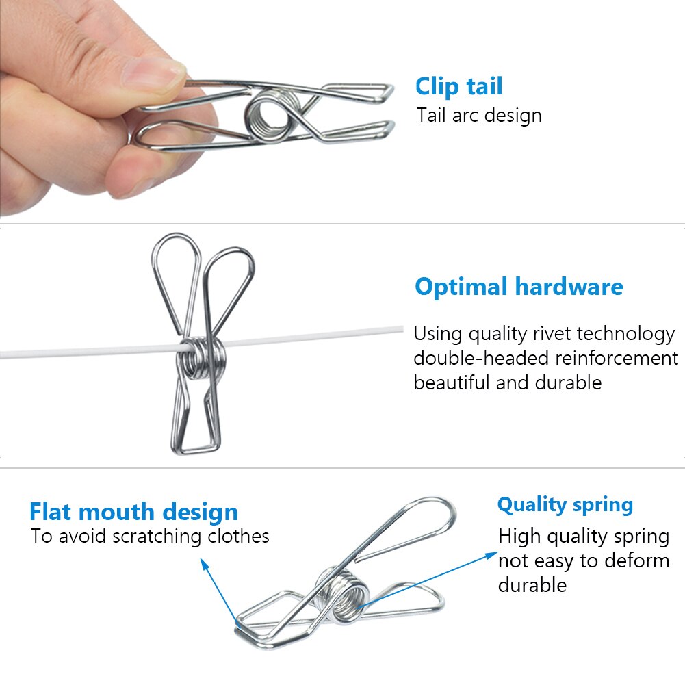ETUUD 10-40PCS Multi-use Stainless Steel Clips Washing Line Clothes Pegs Clips Clamp For Drying Laundry Clothespin Utility Clip