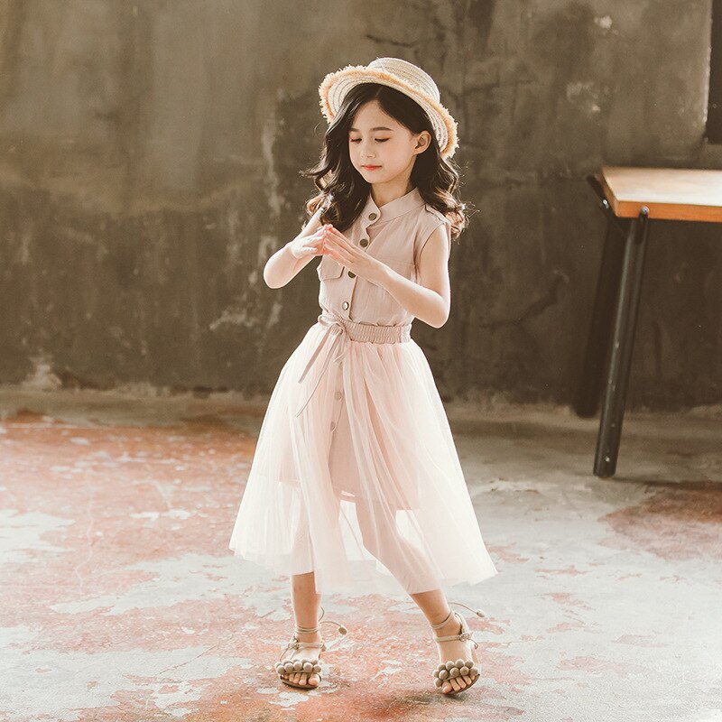 Teenage Girl Dress Summer Sleeveless Meash Spliced Princess Kids Dresses For Girls Children Clothing 4 5 6 7 8 9 years