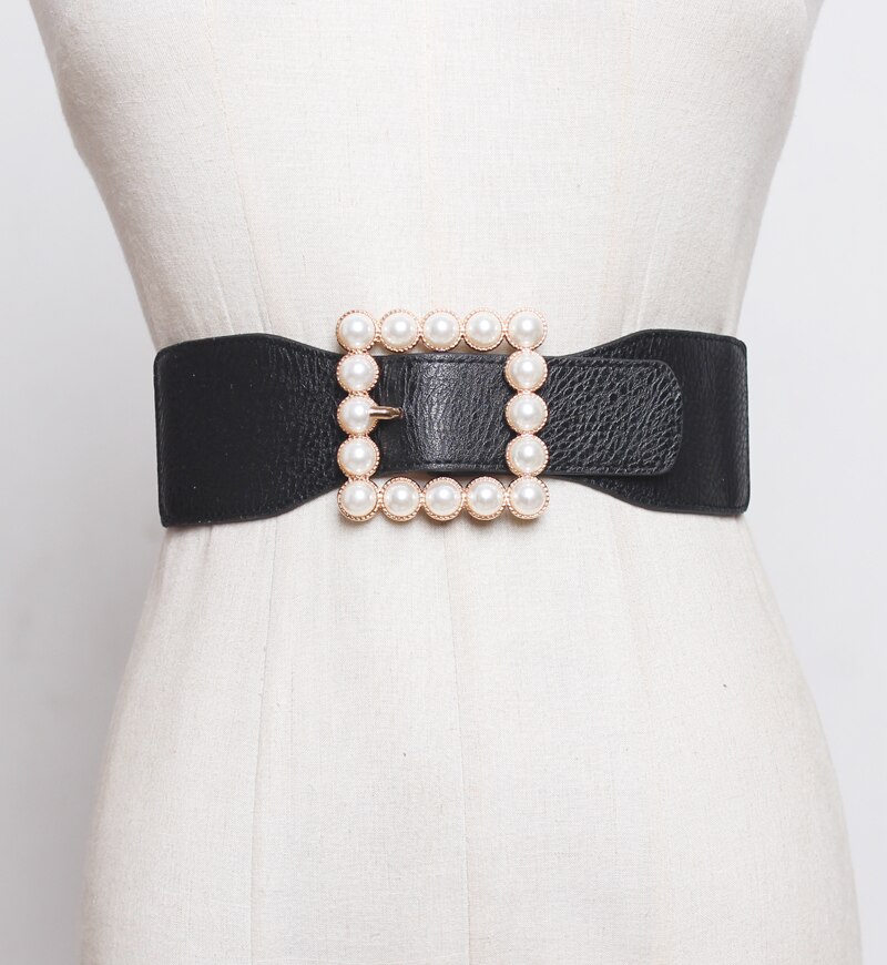Mode Broeksbanden Voor Vrouwen Solid Stretch Brede Cumberbanden Trouwjurk Versiering Lady Pearl Gold Pin Gesp Riemen Jurk