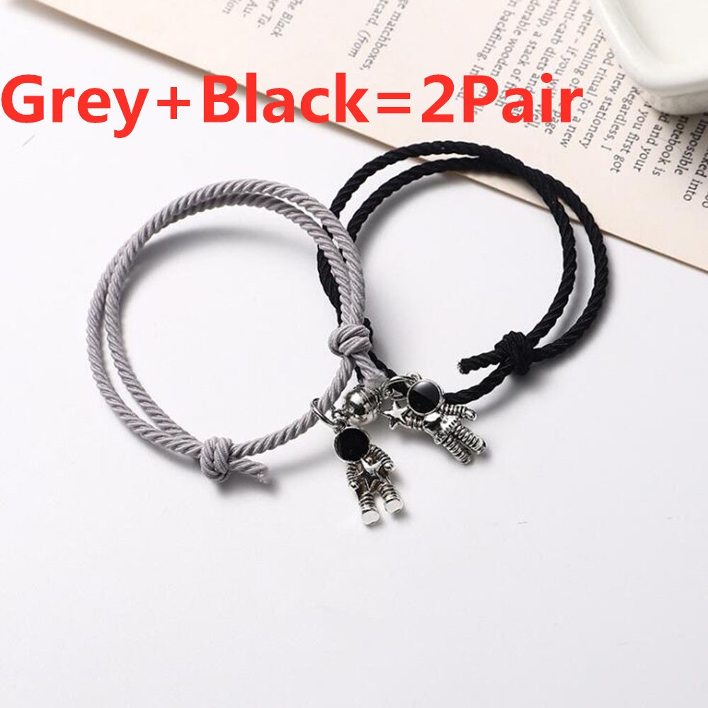 1/2 pary para bransoletka astronauta mała gumowa zespół, aby wysłać dziewczynę chłopak magnes kamień dzwon bransoletka wiązane głowy liny: Gray Black-2Pair
