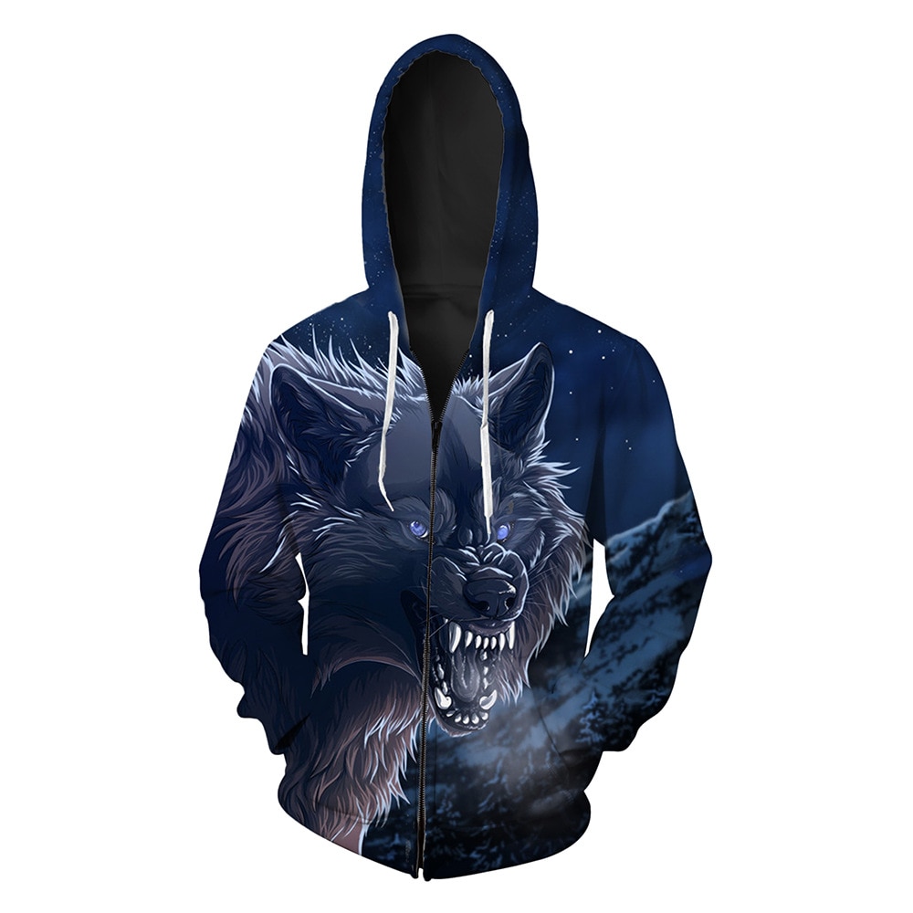 Sharp teeth roaring wolf print fun men's 3D zipper hoodies