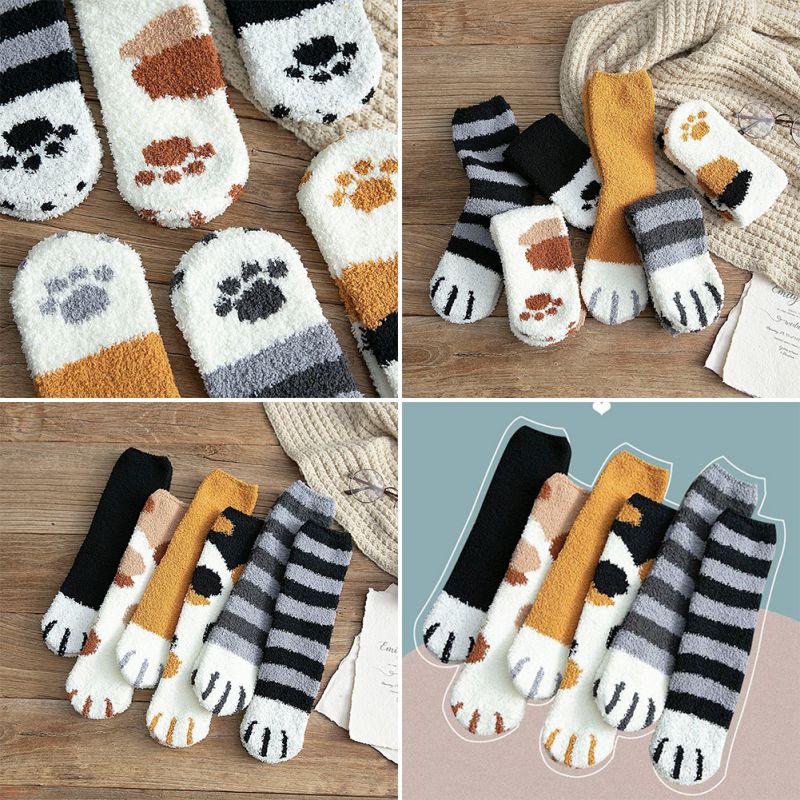 Fluffy Warm Sock Animal Claws Coral Velvet Socks Winter Kawaii Thick Socks Striped Cartoon Women Short Cute Sock Cat Winter