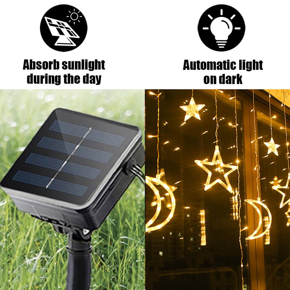 Christmas decoration Solar Powered LED Curtain Lights with Stars Moons Dimmable 8 Lighting Modes with Timer Twinkle String Light