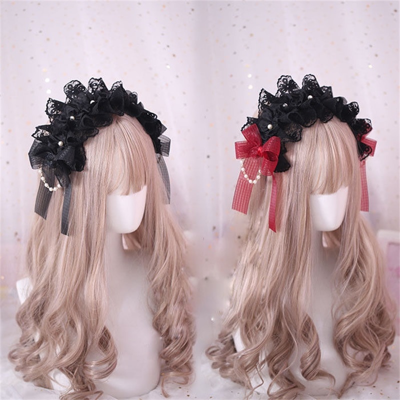 Diadema de estilo japonés gótico Lolita con lazo, accesorios para el cabello, banda para el cabello negra y roja, cadena de perlas hecha a mano