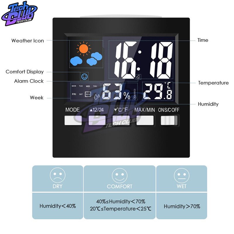 Reloj despertador Digital estación meteorológica medidor de humedad y temperatura LED pronóstico del tiempo Snooze reloj de mesa con proyección de tiempo