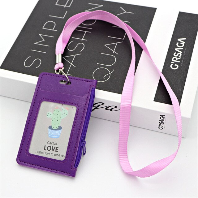 Porta carte di credito in pelle Pu Unisex porta carte di credito studenti per bambini Bus Card Case cordino maschio visita porta identità Badge Card Cover nuovo: Purple