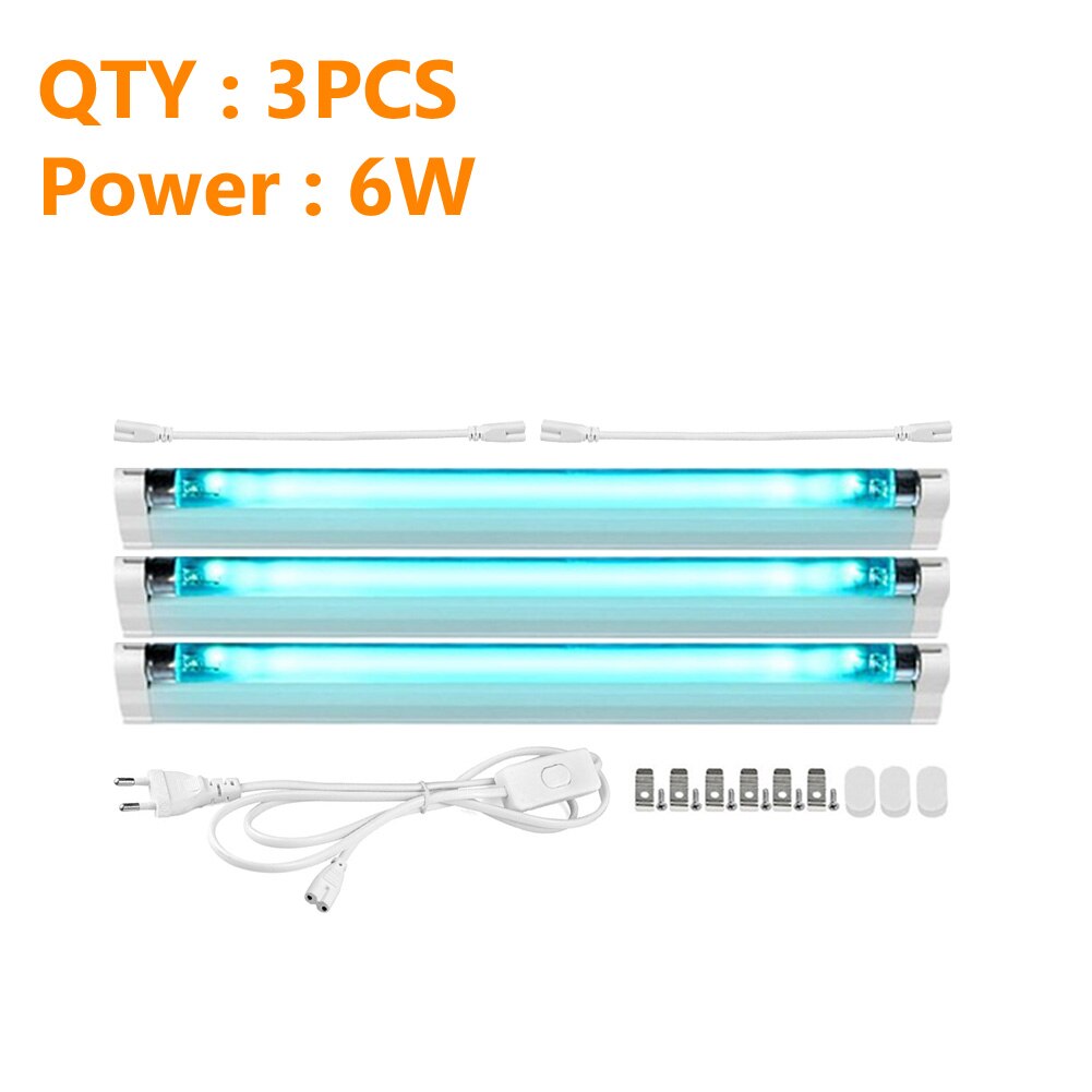 LED Tube UV Ozone germicide lampe UVC désinfection lumières T5 Tube tuer poussière acarien Ultraviolet stérilisateur ampoules 6W/8W ue Plug 220V: 3x6Wx1xEUx2xCable
