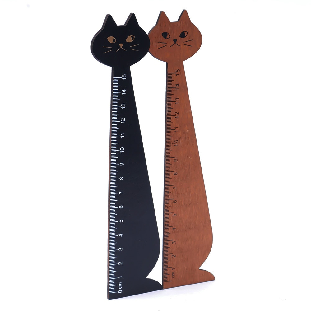 Regla de 15cm con forma de gato, regla recta de animales de madera, para útiles escolares para niños, papelería, negro, amarillo, 1 ud.