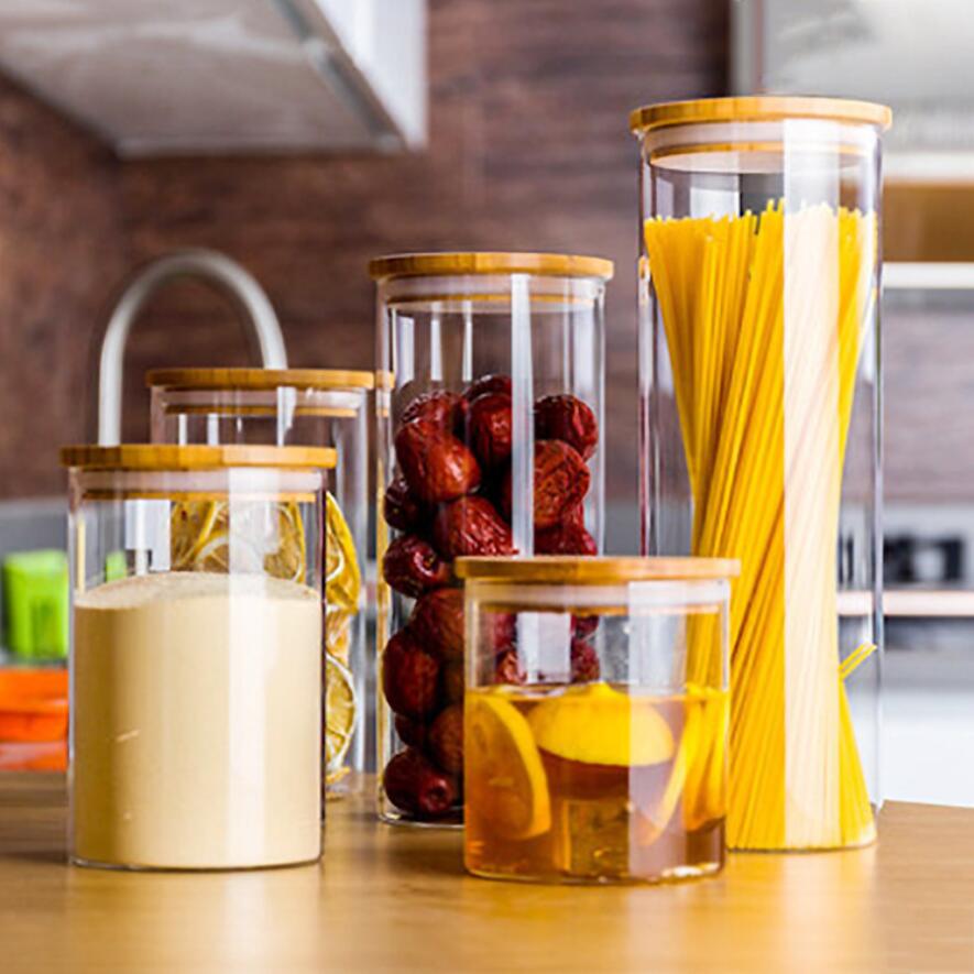 Lufttæt glas opbevaringsglas med bambus låg opbevaring pasta blomst te krydderier snack forseglet glasbeholder krukker til køkken