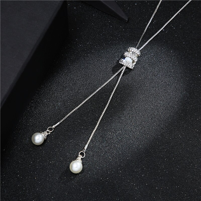 Autumn Winter Metal Long Tassel Rhinestone Crystal Pearl Long Chain Necklace Sweater Party Necklace Jewelry: silver
