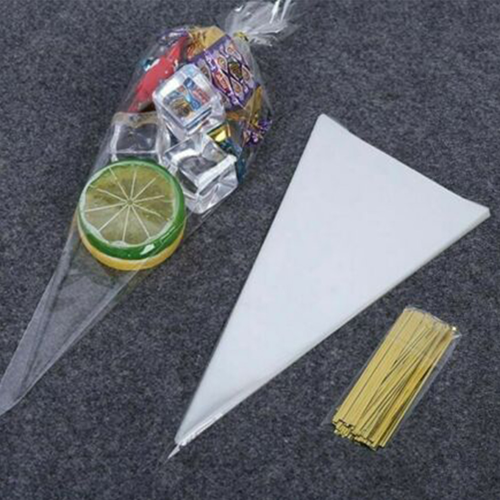 100pcs Plastic Sweets Candy Packing Bags Wedding Birthday Party Decoration Sweet Cellophane Candy Bag Cone Storage Packaging Bag