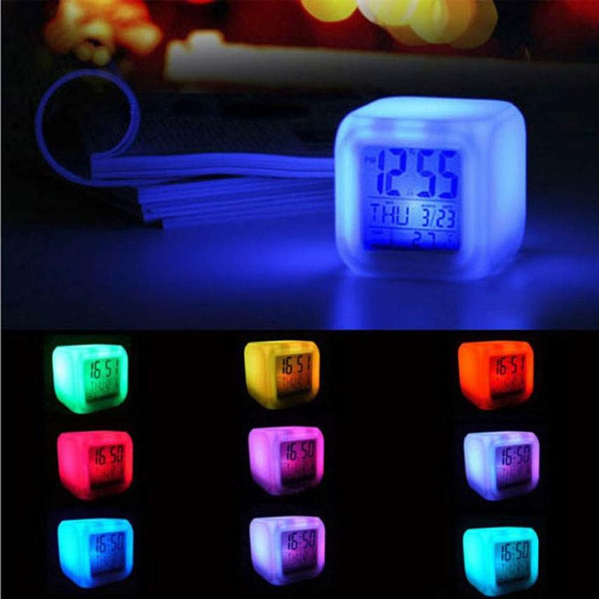 7 Color Glowing Change Alarm Clock Digital Clock Thermometer Cube LED Clock Time Data Week and Temperature Display 808: A