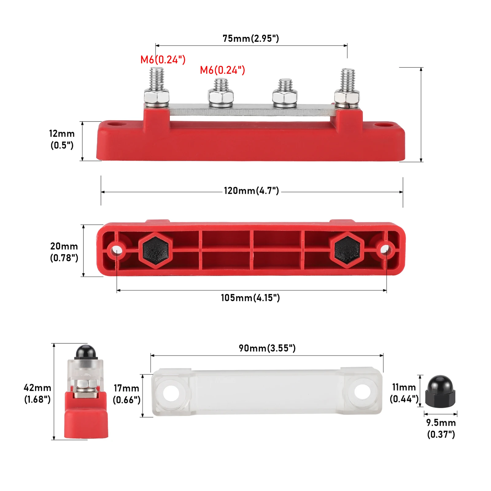 12V-48V Busbar Terminal Block Battery Bus Bar Terminal Block 48V 150A Marine 8x1/4 M6 Power Distribution Block with Cover