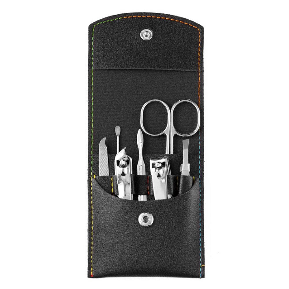 Juego de tijeras de pedicura, cortador de uñas de acero inoxidable, hebilla de cuero plegable, gancho de águila, juego de herramientas de cortaúñas, 7-15 piezas: Black