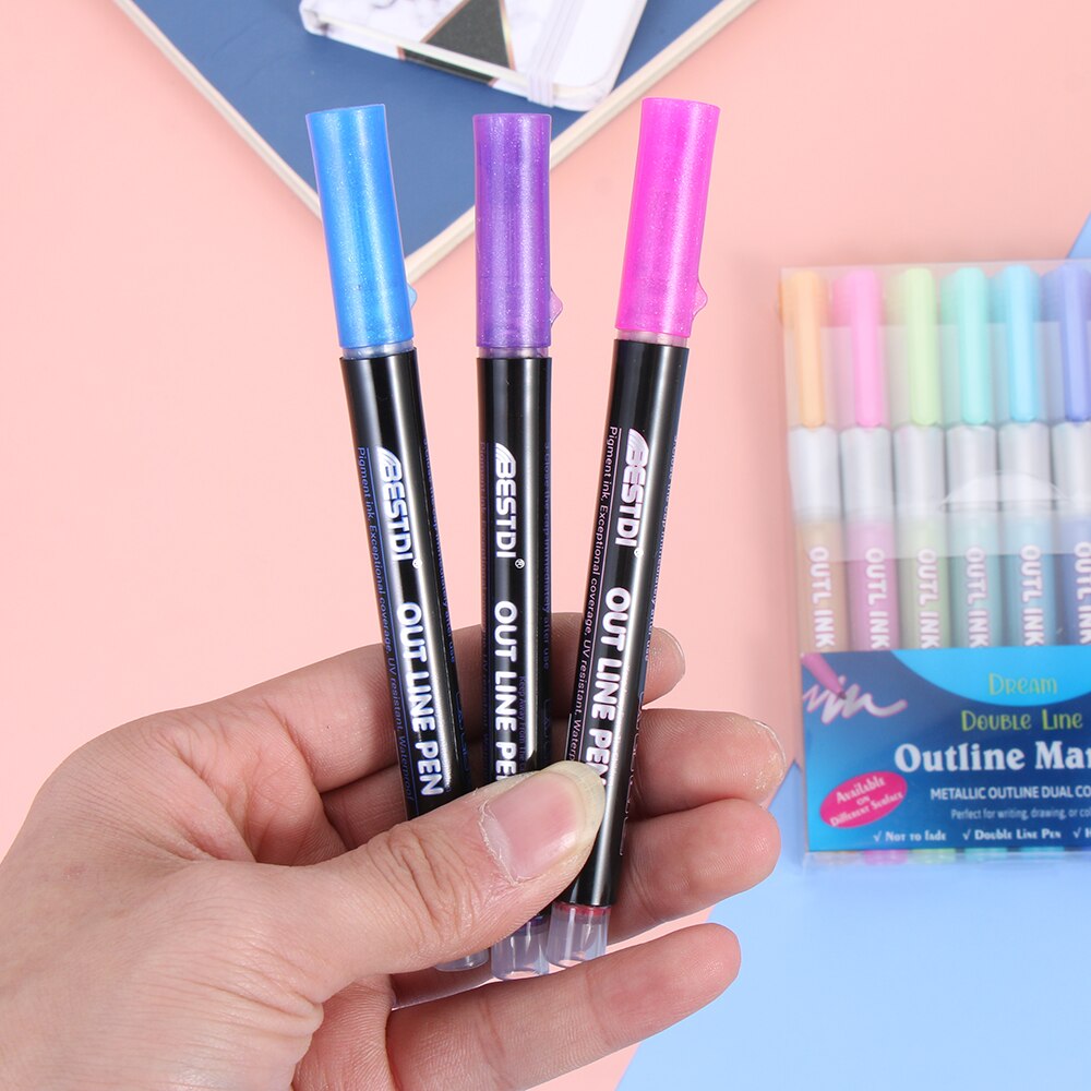 Metallic Double Lines Pen Art Markers Pen Contour Pen Highlighter Pen Stationery for Kids Painting Doodling School Art Supplies