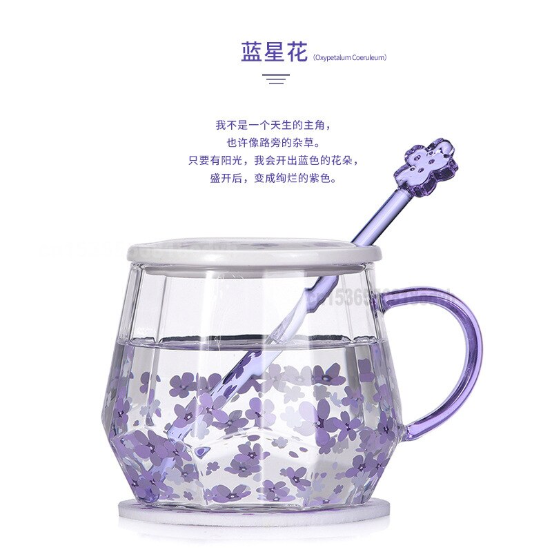 Paars Diamant Cup Blauwe Ster Bloem Hoge Borosilicaat Hittebestendig Glas Koffie Roeren Cup Glas Water Beker Deksel Afdrukken cups
