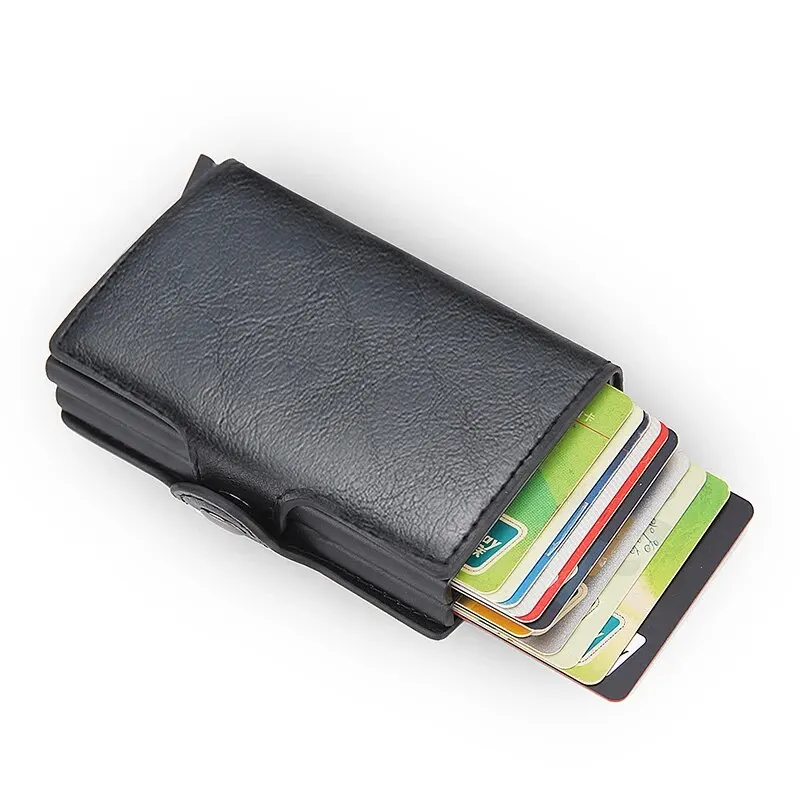 Anti-theft Rfid Wallets Men Metal Credit Card Holder PU Leather Wallet Aluminum Box Male Purse Bag Small Cardholder Case for Man: black