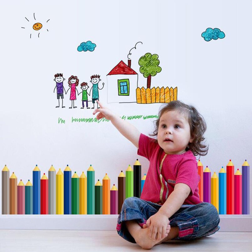 Back To school Wall Stickers for Kids Room Nursery Corner Decoration Colorful Pencil Palm Removable House Decor Vinyl Mural