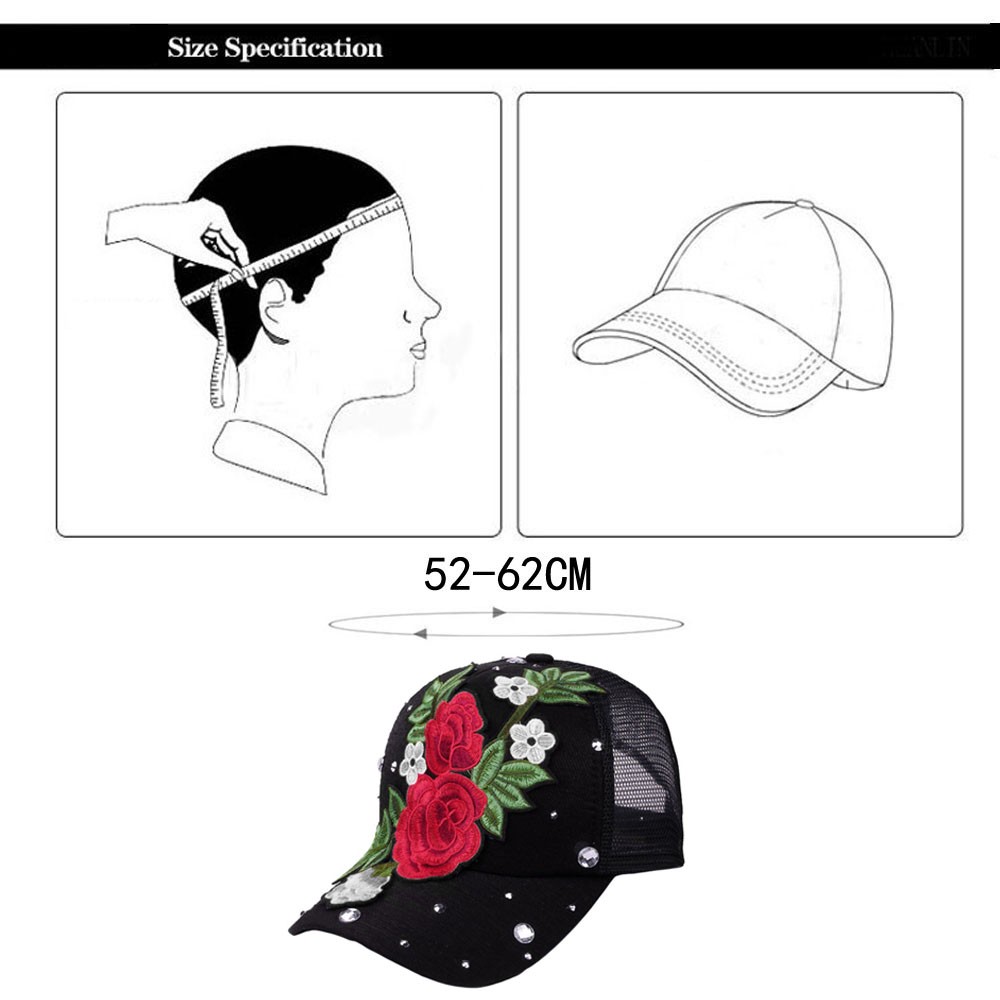 Gorras de béisbol vaqueras con diamantes de imitación y flor rosa para hombre y mujer, gorras para el sol para primavera y verano, gorras sólidas, gorro para papá sombrero, casquete # T1P